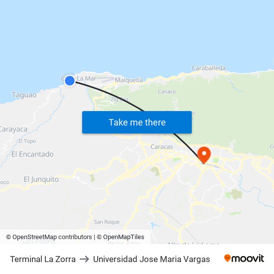 Terminal La Zorra to Universidad Jose Maria Vargas map