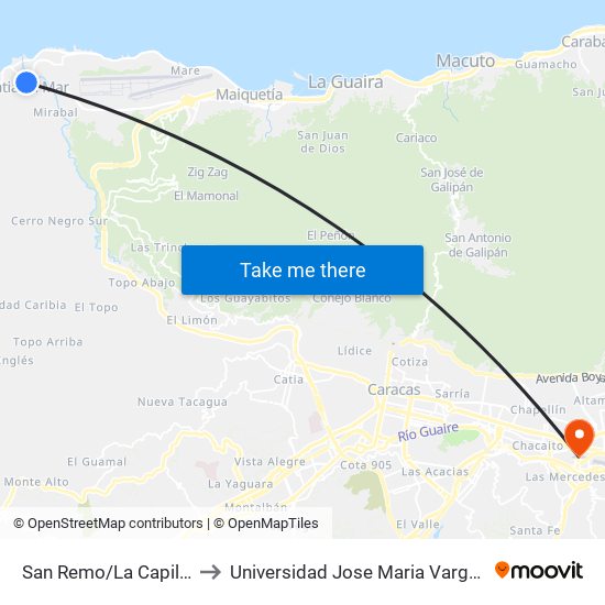 San Remo/La Capilla to Universidad Jose Maria Vargas map