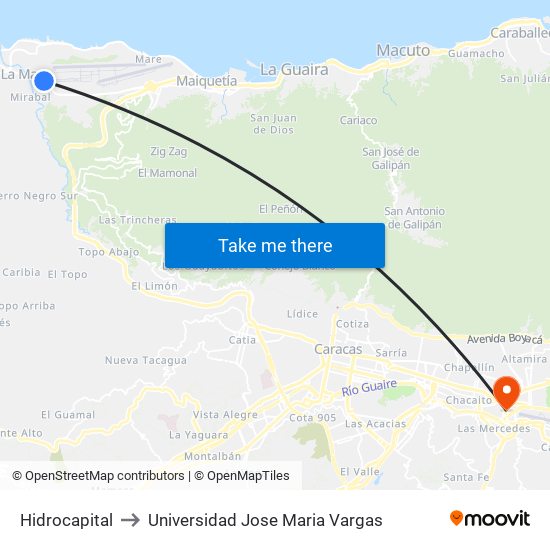 Hidrocapital to Universidad Jose Maria Vargas map