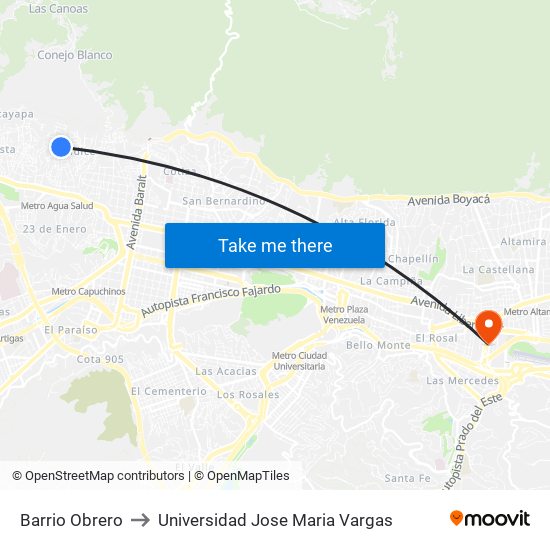 Barrio Obrero to Universidad Jose Maria Vargas map