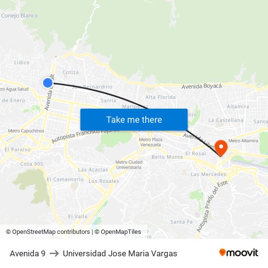Avenida 9 to Universidad Jose Maria Vargas map