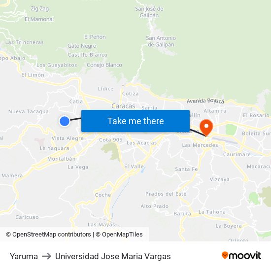 Yaruma to Universidad Jose Maria Vargas map