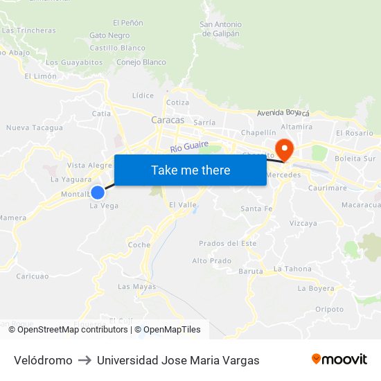Velódromo to Universidad Jose Maria Vargas map