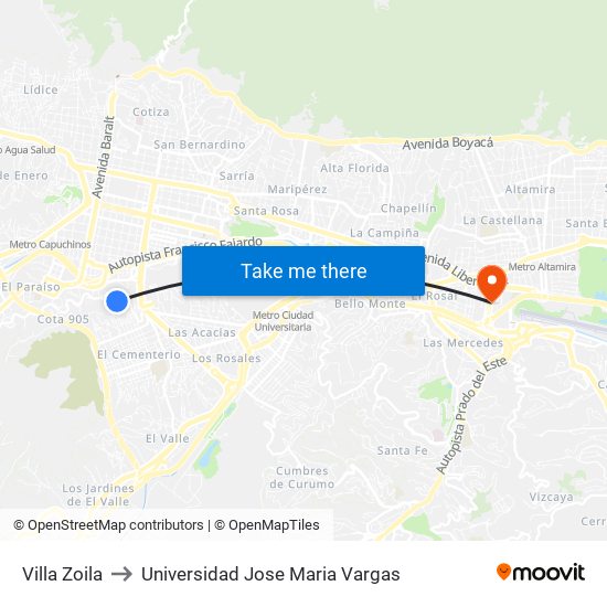 Villa Zoila to Universidad Jose Maria Vargas map