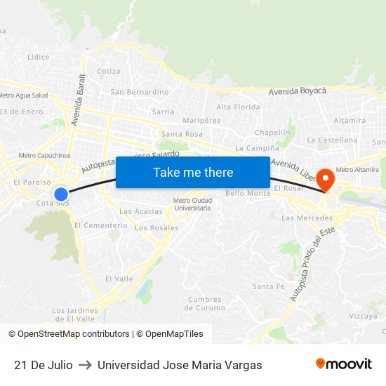 21 De Julio to Universidad Jose Maria Vargas map