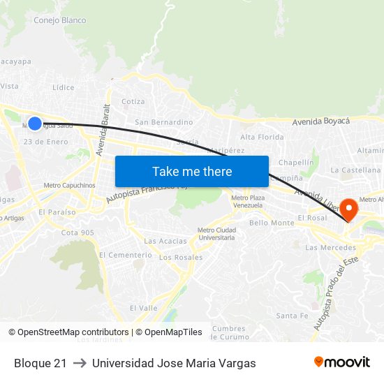 Bloque 21 to Universidad Jose Maria Vargas map