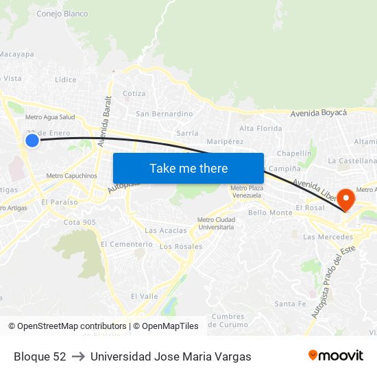 Bloque 52 to Universidad Jose Maria Vargas map