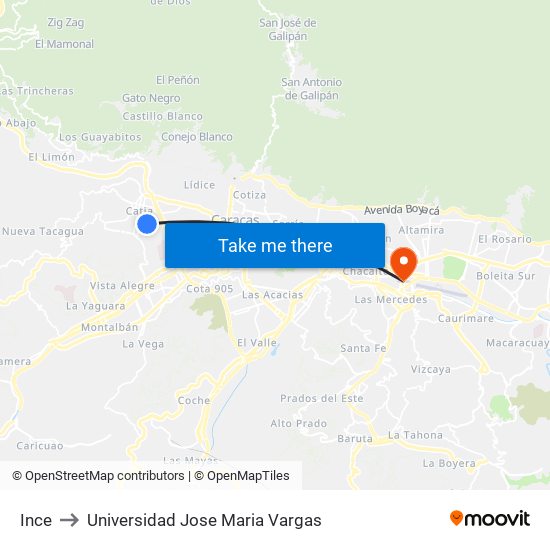 Ince to Universidad Jose Maria Vargas map