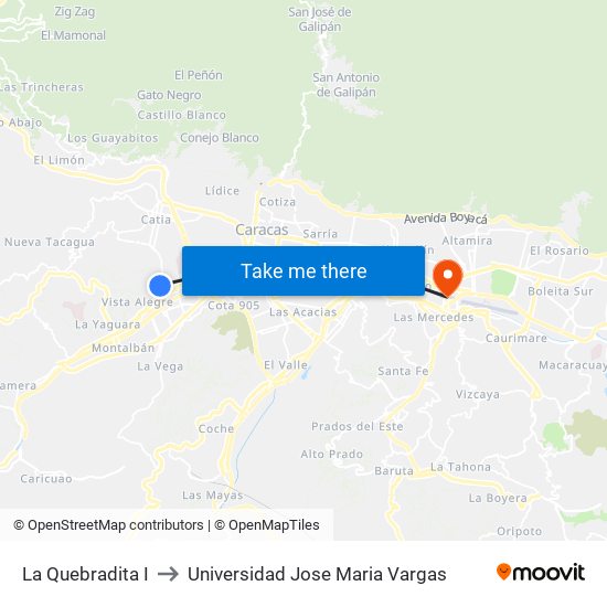 La Quebradita I to Universidad Jose Maria Vargas map