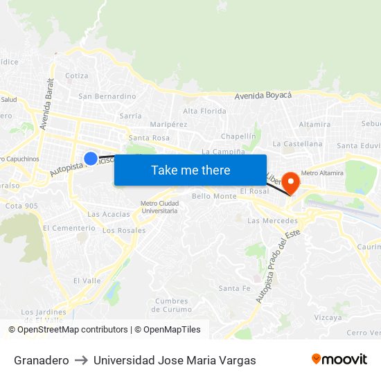 Granadero to Universidad Jose Maria Vargas map