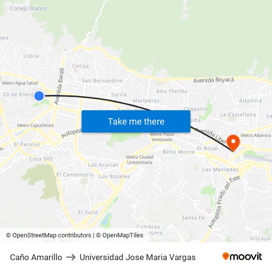 Caño Amarillo to Universidad Jose Maria Vargas map