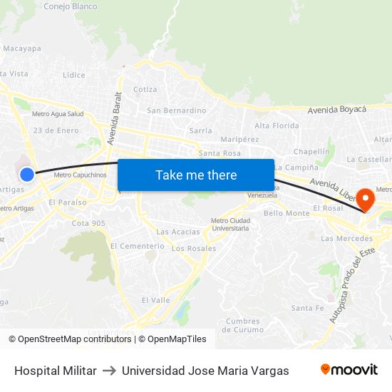 Hospital Militar to Universidad Jose Maria Vargas map