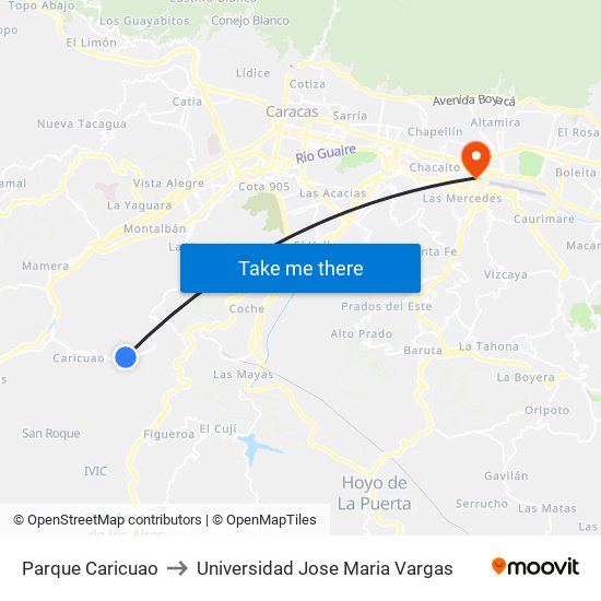 Parque Caricuao to Universidad Jose Maria Vargas map