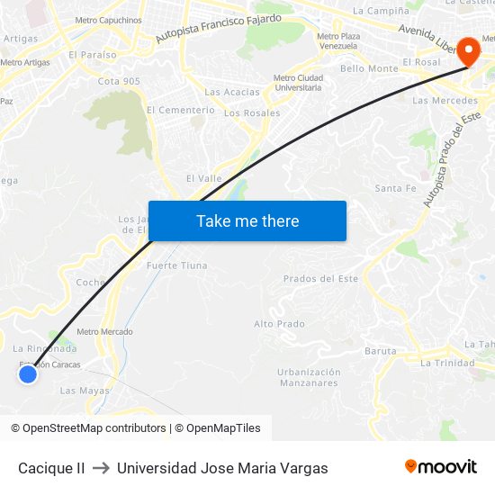 Cacique II to Universidad Jose Maria Vargas map