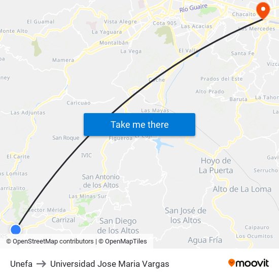 Unefa to Universidad Jose Maria Vargas map