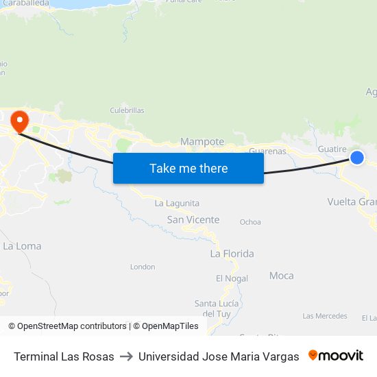 Terminal Las Rosas to Universidad Jose Maria Vargas map