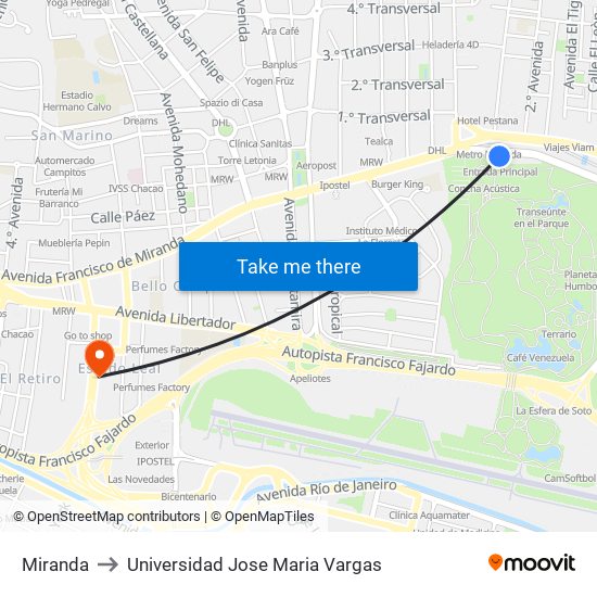 Miranda to Universidad Jose Maria Vargas map