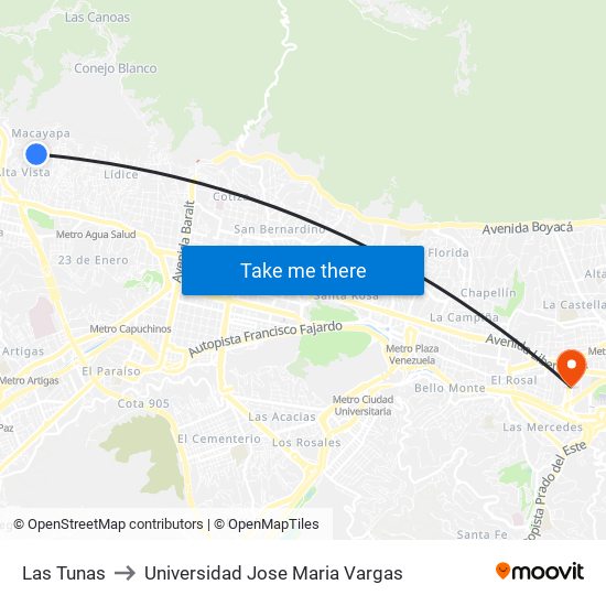 Las Tunas to Universidad Jose Maria Vargas map