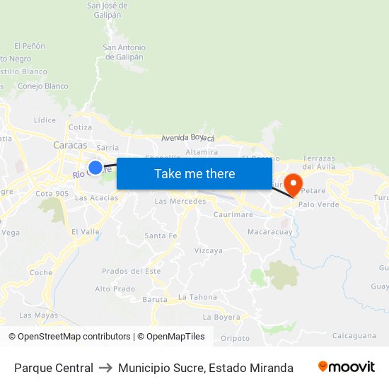 Parque Central to Municipio Sucre, Estado Miranda map