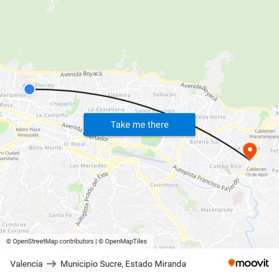 Valencia to Municipio Sucre, Estado Miranda map