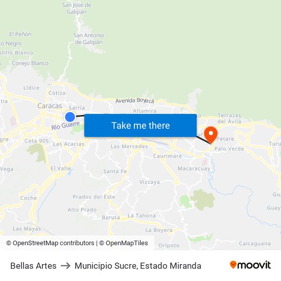Bellas Artes to Municipio Sucre, Estado Miranda map