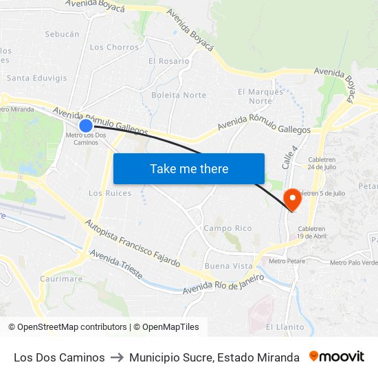 Los Dos Caminos to Municipio Sucre, Estado Miranda map