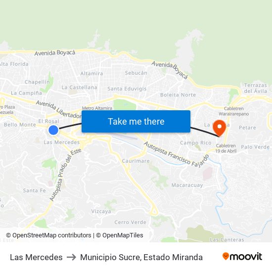 Las Mercedes to Municipio Sucre, Estado Miranda map