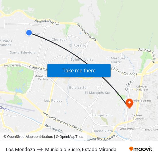 Los Mendoza to Municipio Sucre, Estado Miranda map
