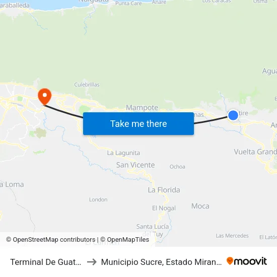 Terminal De Guatire to Municipio Sucre, Estado Miranda map