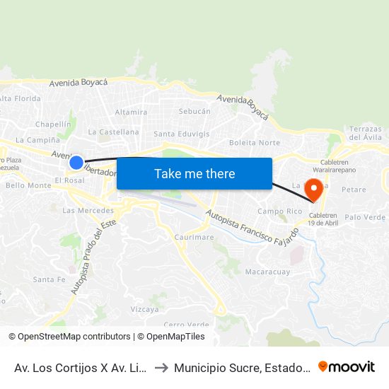 Av. Los Cortijos X Av. Libertador to Municipio Sucre, Estado Miranda map