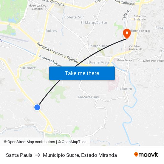 Santa Paula to Municipio Sucre, Estado Miranda map