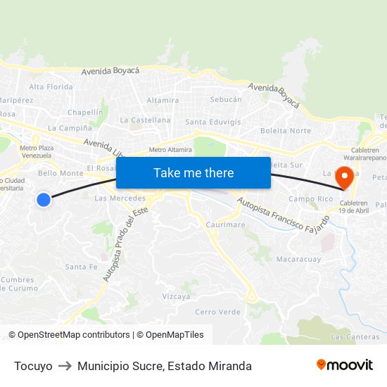 Tocuyo to Municipio Sucre, Estado Miranda map