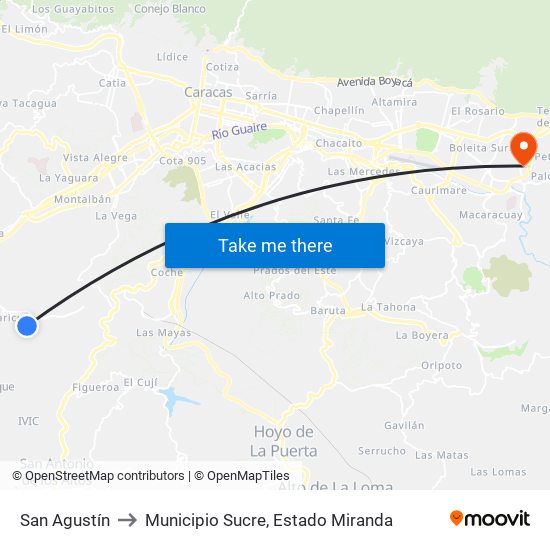 San Agustín to Municipio Sucre, Estado Miranda map