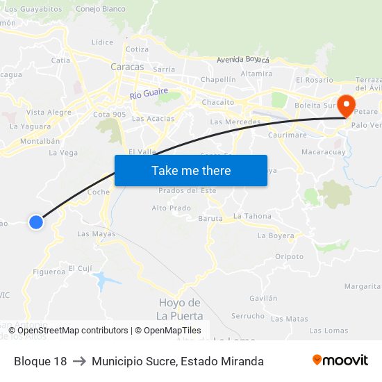 Bloque 18 to Municipio Sucre, Estado Miranda map