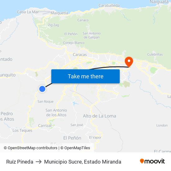 Ruíz Pineda to Municipio Sucre, Estado Miranda map