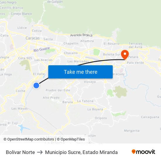 Bolívar Norte to Municipio Sucre, Estado Miranda map