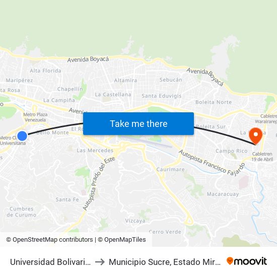 Universidad Bolivariana to Municipio Sucre, Estado Miranda map