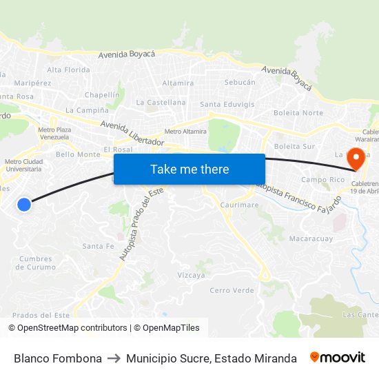 Blanco Fombona to Municipio Sucre, Estado Miranda map