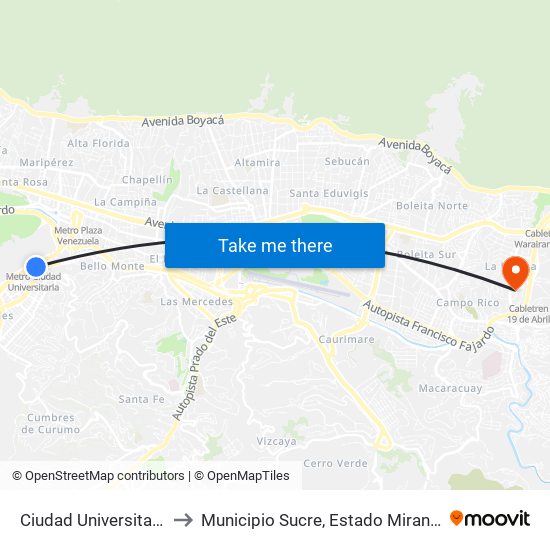Ciudad Universitaria to Municipio Sucre, Estado Miranda map
