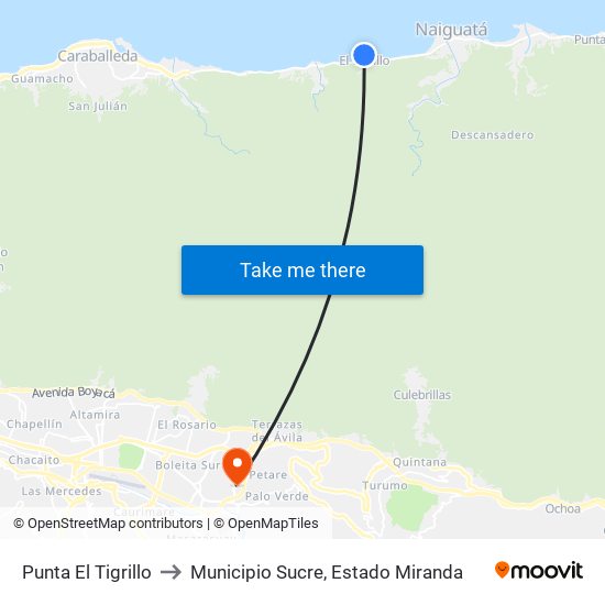 Punta El Tigrillo to Municipio Sucre, Estado Miranda map
