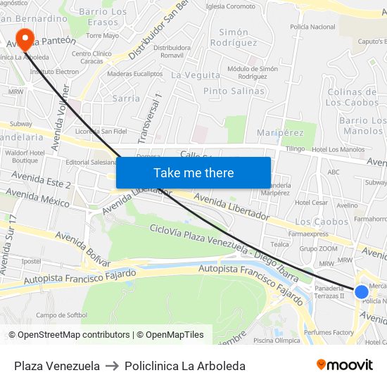 Plaza Venezuela to Policlinica La Arboleda map