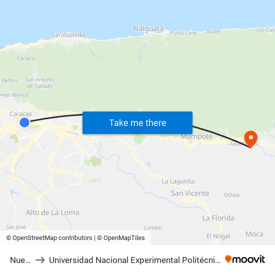 Nuevo Circo to Universidad Nacional Experimental Politécnica "Antonio José de Sucre" (UNEXPO) - Sede Guarenas map
