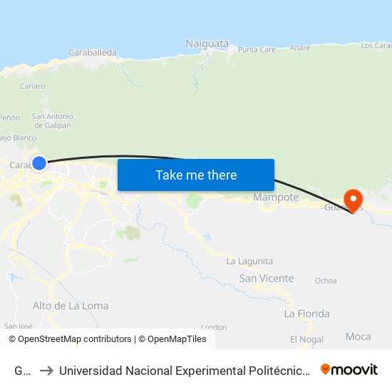 Galipán to Universidad Nacional Experimental Politécnica "Antonio José de Sucre" (UNEXPO) - Sede Guarenas map