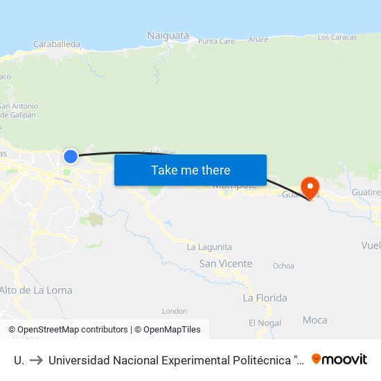 Una to Universidad Nacional Experimental Politécnica "Antonio José de Sucre" (UNEXPO) - Sede Guarenas map
