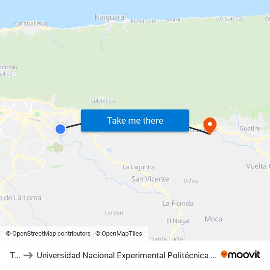 Tiuna to Universidad Nacional Experimental Politécnica "Antonio José de Sucre" (UNEXPO) - Sede Guarenas map