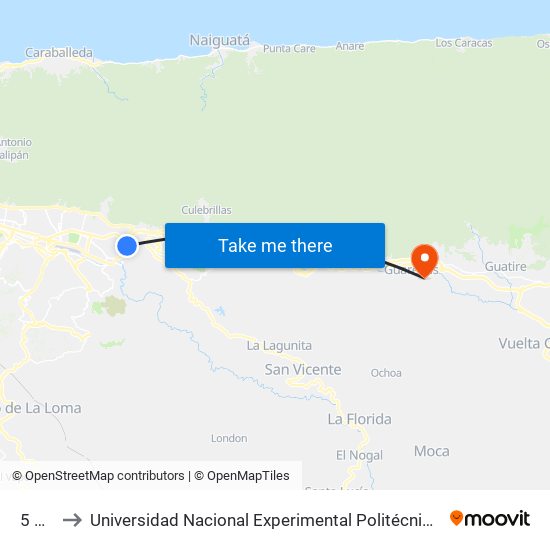 5 De Julio to Universidad Nacional Experimental Politécnica "Antonio José de Sucre" (UNEXPO) - Sede Guarenas map