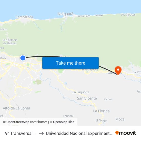 9° Transversal De Altamira X 3° Av. De Altamira to Universidad Nacional Experimental Politécnica "Antonio José de Sucre" (UNEXPO) - Sede Guarenas map