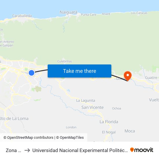 Zona Industrial 1 to Universidad Nacional Experimental Politécnica "Antonio José de Sucre" (UNEXPO) - Sede Guarenas map