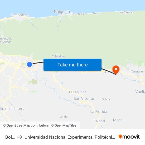 Boleita Sur to Universidad Nacional Experimental Politécnica "Antonio José de Sucre" (UNEXPO) - Sede Guarenas map