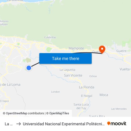 La Lagunita to Universidad Nacional Experimental Politécnica "Antonio José de Sucre" (UNEXPO) - Sede Guarenas map